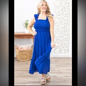 Cobalt Blue Flutter Sleeve Smocked Midi Dress - Size small